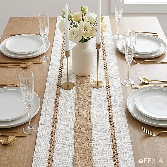 FEXIA Boho Table Runner for Hoilday Spring Home Decor Farmhouse Rustic Table Runner Macrame Burlap Coffee Table Decor House Decoration for Living Room Bridal Shower (12x72 Inches)