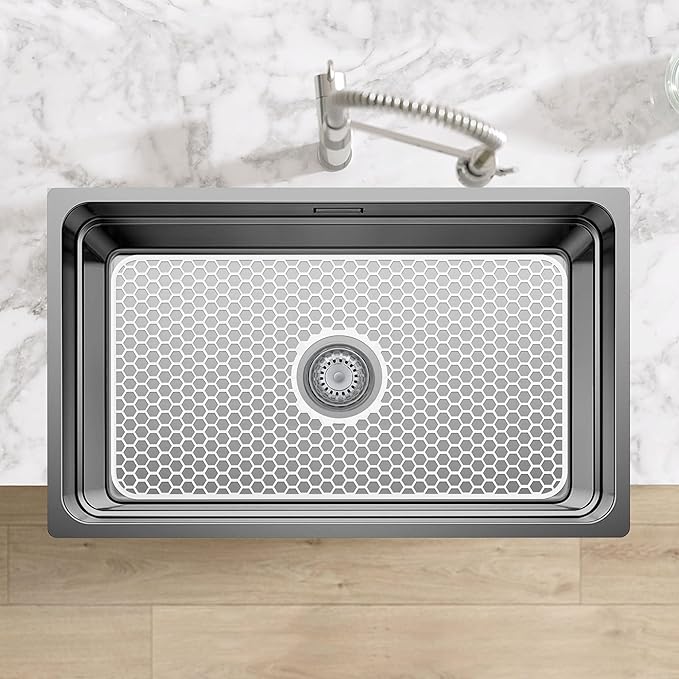 Bestjing Silicone Sink Protectors for Kitchen Sink with Center Drain - 24.8"x 13" Kitchen Protector Accessory, Non-Slip Heat Resistan Mat for Bottom of Farmhouse Stainless Steel Porcelain (White)