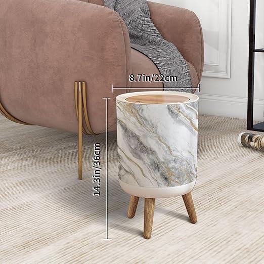 Trash Can with Lid White Gold Marble Texture Design Press Top Round Small Garbage Bin with Wooden Legs Waste Basket for Kitchen Bedroom Nursery 7L/1.8 Gallon