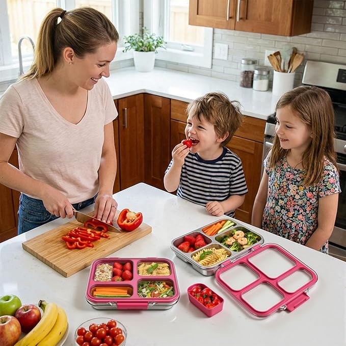 Stainless Steel Bento Box for Kids with Silicone Container, 4 Compartment Metal Lunch Box Kids Adults, Removable Silicone Seal & Clear Lid, Leak Proof Food Storage Container for Meal(Pink)