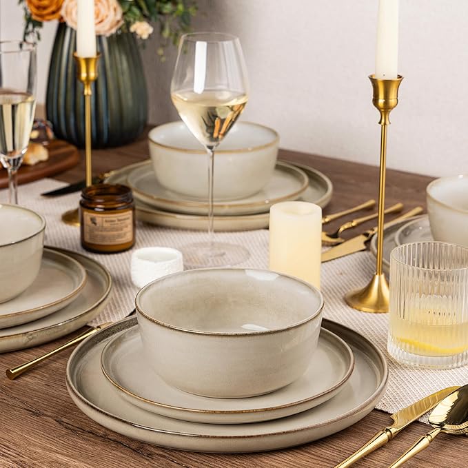 AmorArc Stoneware Dinnerware Sets,Round Reactive Glaze Plates and Bowls Set,Highly Scratch Resistant | Dishwasher & Microwave Safe Dishes Set,Service for 4 (12pc)