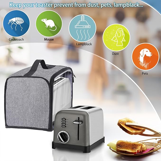 Toaster Cover with Base for 2 Slice Wide Slot, Dust Covers Compatible with Cuisinart 2 Slices, Toaster Bags with Zipper Closure (Cover Only)