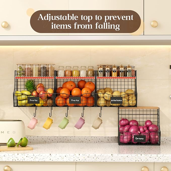 4 Pack Fruit Basket for Kitchen with Lid, Counter&Wall Mounted Hanging Fruit Basket, Potato and Onion Storage, Metal Wire Fruit and Vegetable Storage, Snack Organizer 11.81 * 8.66 * 10.63in