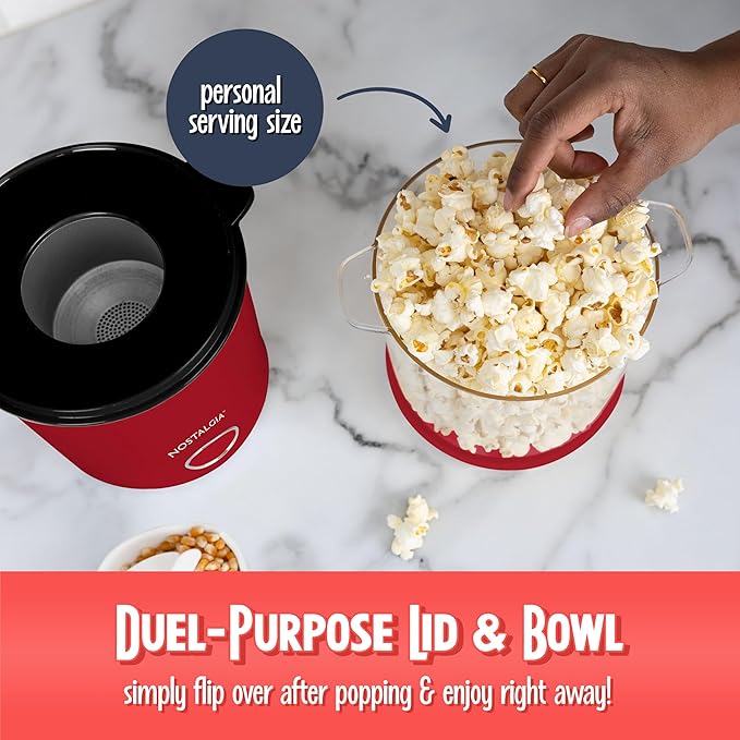 Nostalgia 8-Cup Hot Air Popcorn Maker & Bowl - 2-In-1 Bowl & Lid, 2 oz Measuring Cup - Oil-Free Pop Corn for Movie Night, Snacks, Birthday Parties, and More - Red