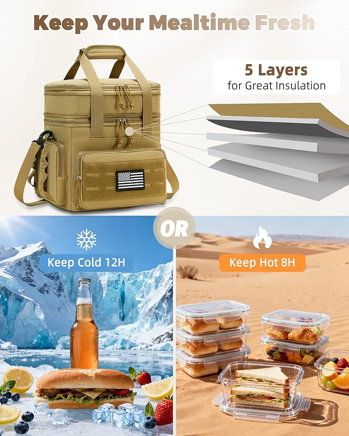 holuxer Tactical Lunch Bag & Lunch Box for Men - Large Double Deck Expandable Insulated Soft Adult Lunchbox for Work - Cooler Bag for Beach, Picnic, Camping,Outdoor，Travel (Brown,16L)