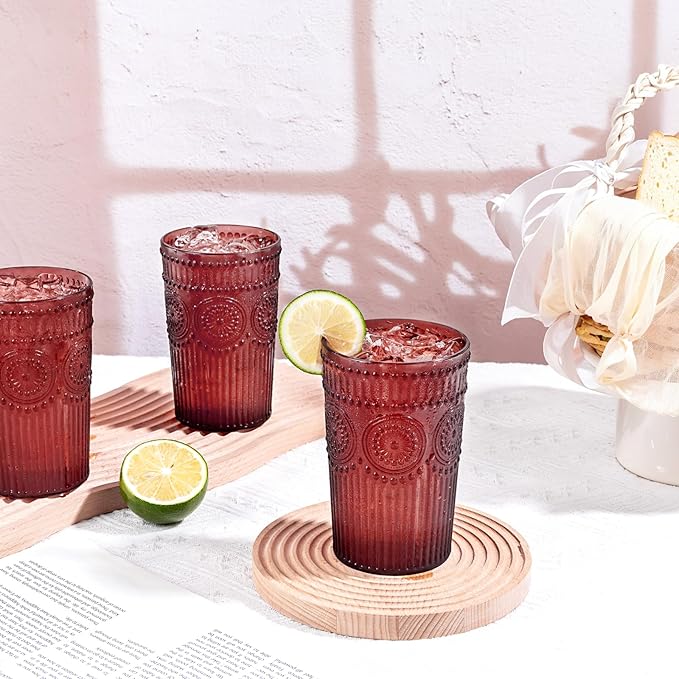 Ciaell 12 Pack Romantic Plastic Water Glasses - 14 Oz Burgundy Vintage Drinking Glasses, Embossed Ribbed Plastic Cups, Textured Striped Set for Juice, Beverages, Beer, Cocktail