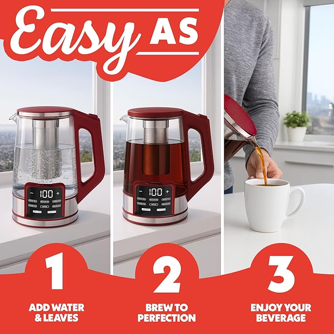 Gourmia Electric Glass Kettle – 1.7L Programmable Tea & Coffee Brewer with Digital Touch Display, 6 Presets, Removable Stainless Steel Infuser, Cordless with 360° Swivel Base, Red