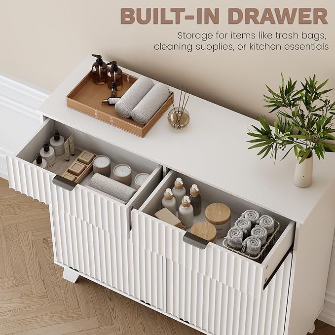 Double Tilt Out Laundry Hamper Cabinet, 20 Gallon Wooden Trash Can Cabinet with Drawers, Hidden Fluted Bathroom Storage Cabinet for Kitchen, Living Room (White, 39.34" W x 35.83" H x 13" D)