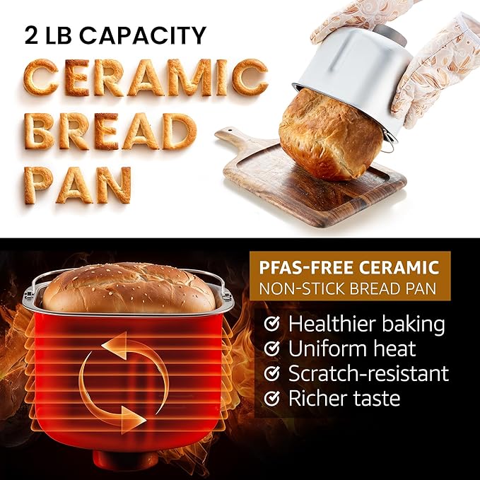 Elite Gourmet Programmable 2-Lb Bread Maker, PFAS Free Ceramic Ceralast™ Pan, Touch Screen Control Panel, 19 Functions, Gluten Free, White, Wheat, Rye & More, 3 Loaf Sizes, Stainless Steel