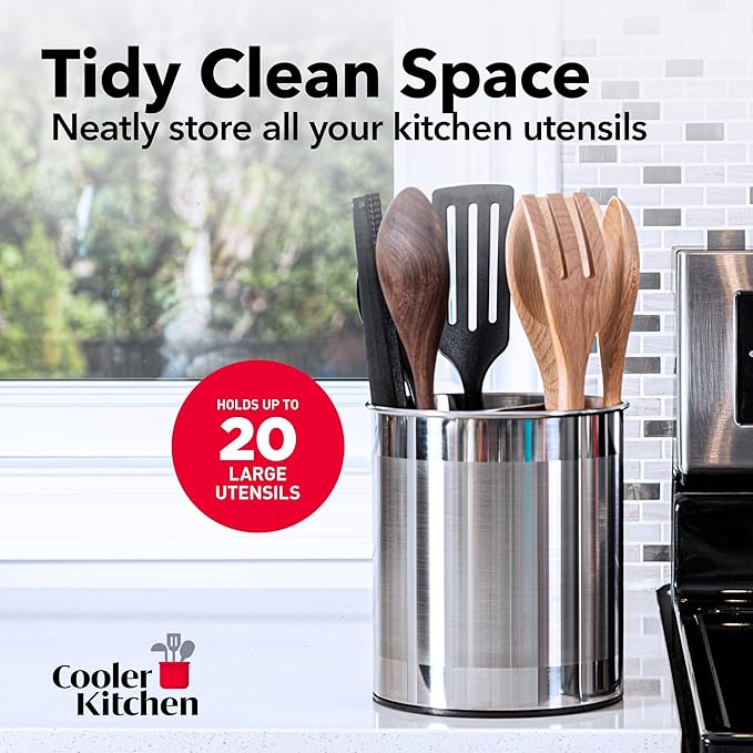 Cooler Kitchen Rotating Extra Large Stainless Steel Utensil Holder Caddy with Sturdy No-Tip Weighted Base, Removable Divider, and Gripped Insert Bottom -Dishwasher Safe Metal Cooking Utensil Holder