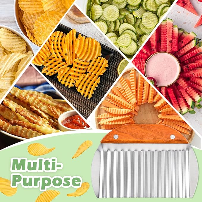 Suuker Large Crinkle Cutter for Veggies,French Fry Cutter with Wooden Handle,Potato Slicer French Fries Chopper,Potato Chip Slicer,Crinkle Cut Fries,Wavy Knife for Cucumber,Carrot,Carrot Chopper
