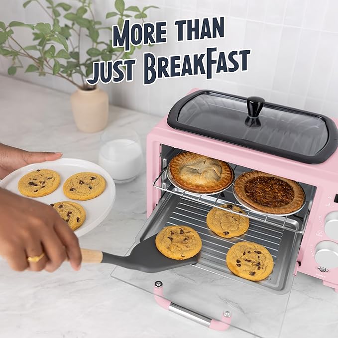 Nostalgia 3-in-1 Retro Breakfast Station - Includes 5 Cup Coffee Maker, Non-Stick Ceramic Griddle, and 4-Slice Toaster Oven - Built-In Timer, Reusable Coffee Filter, Space-Saving Design - Pink