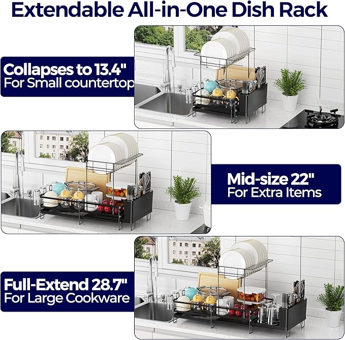 Large Dish Drying Rack, Expandable Dish Rack for Kitchen Counter, Dish Drainer with Drainboard Set, Multifunctional Dishrack with Utensil & Cup Holder, 13.4"-28.7" L x 11.8" W x 9.3" H, Black