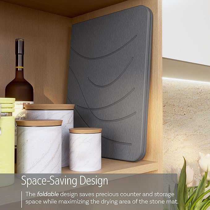 Large Stone Drying Mat with Bamboo Rack | 23.6” x 15.4” Diatomaceous Earth Collapsible Stone Dish Drying Mat | Quick Water Absorbing Foldable Dish Drying Stone for Kitchen Counter Racks (Dark Gray)