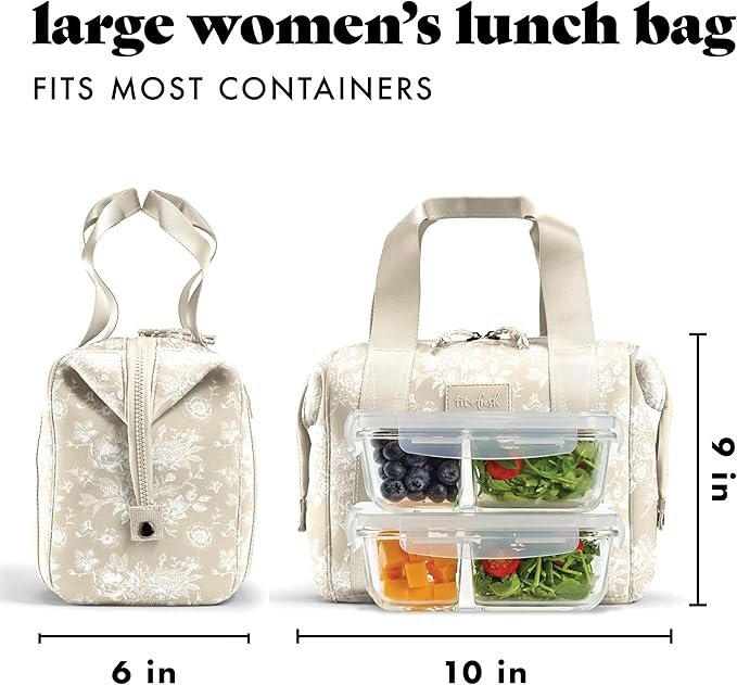 Fit & Fresh Remi Neoprene Lunch Bag For Women - Meal Prep Kit with Containers & XL Ice Pack, Self Insulating Neoprene-like Material, Machine Washable Lunch Bag, Tear & Stain-Resistant, Tan Toile