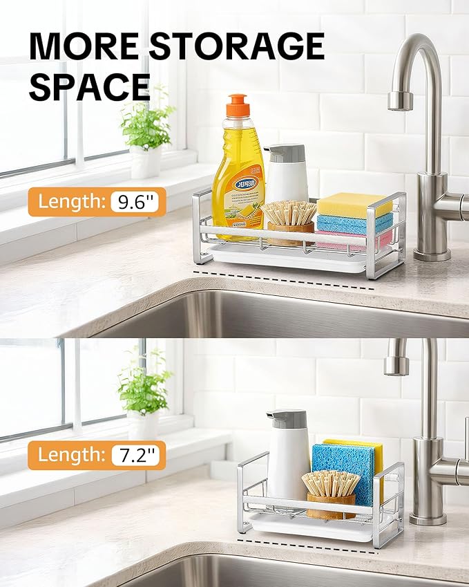 HULISEN Large Sponge Holder, 304 Stainless Steel Kitchen Soap Dispenser Caddy Organizer, Countertop Soap Dish Rack Drainer with Removable Drain Tray, not Including Dispenser and Brush, Silver