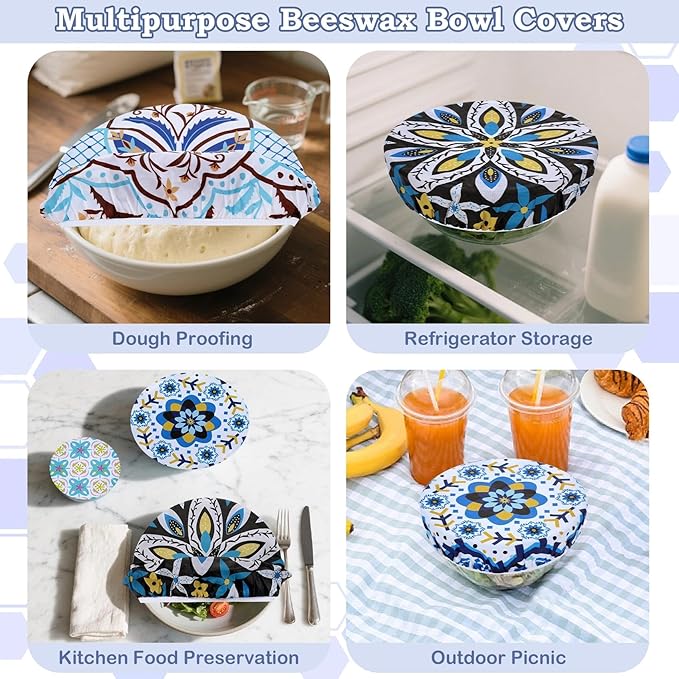 5-Size Reusable Beeswax Bowl Covers for Bread Proofing, Cotton Cloth Flexible Beeswax Wraps for Food Storage(Moroccan Style)