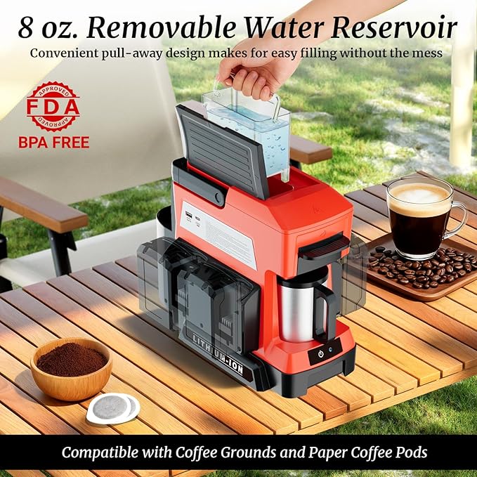 Cordless Coffee Maker for Milwaukee 18V Battery, 3 Brewing Options Drip Coffee Maker with Coffee Grinder, Portable Single Serve Coffee Makers for Camping, Travel, and Jobsite. (Tool Only)
