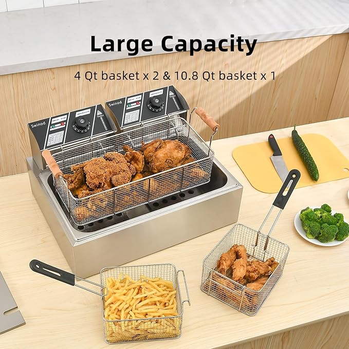 Commercial Deep Fryer with Baskets, 3400W 12.7QT/12L Thickened Stainless Steel Countertop Electric Oil Fryer, Large Capacity with Temperature Control (12L Pro)