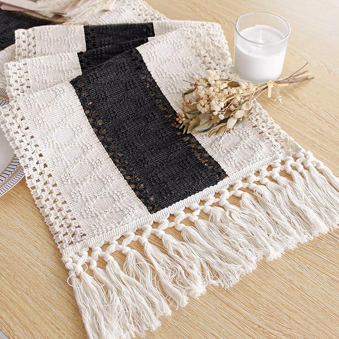 FEXIA Boho Table Runner for Christmas Home Decor with Tassels 72 Inches Long Farmhouse Rustic Black Halloween Table Runner Macrame Burlap Table Decoration for Living Room Bridal Shower(12x72 Inches)