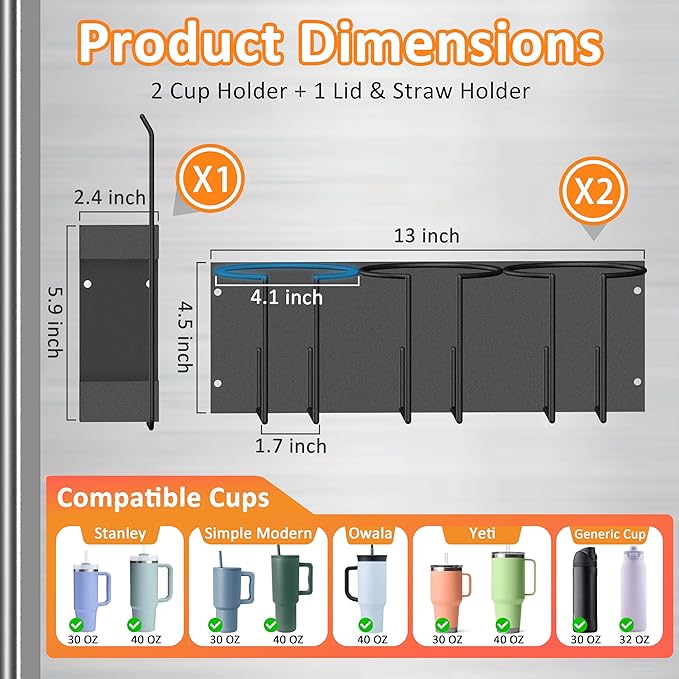 Magnetic Cup Holder for Fridge - Tumbler Organizer for Stanley 20/30/40 oz, Stanley Cup Holder with Lid & Straw Holders, Water Bottle Organizer Stanleys Cup Accessories Storage for Kitchen Fridge
