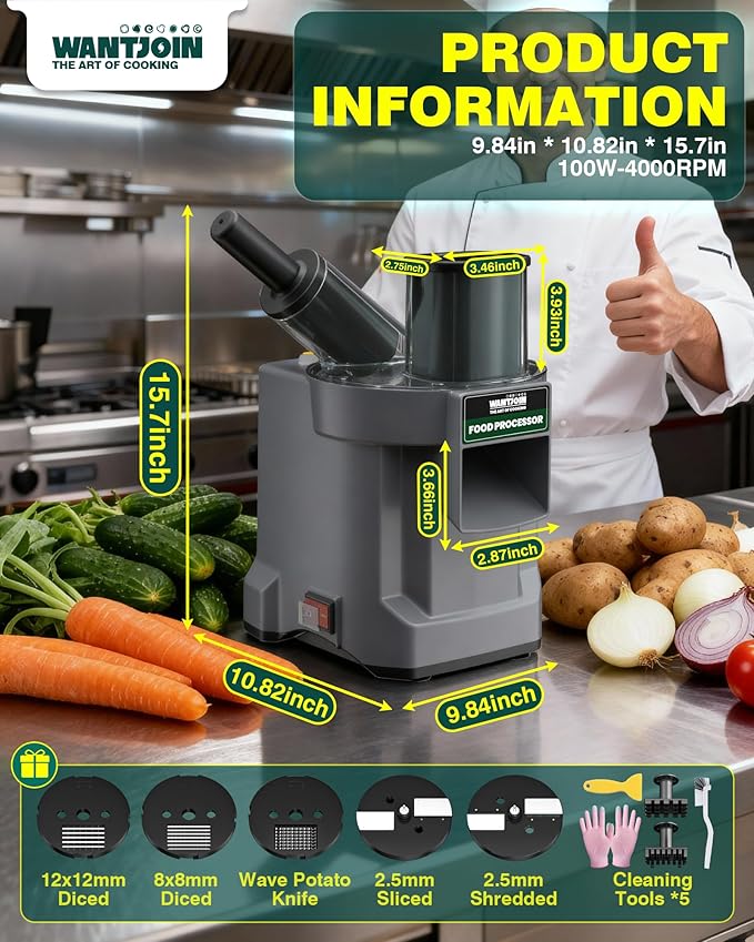 WantJoin 6-In-1 Electric Vegetable Chopper - Multifunctional Commercial Electric Food Dicer Processor For Slicing(2.5mm), Dicing(8/12mm), Chopping(2.5mm), Shredding, Crinkle Cutting, Oblique Cutting