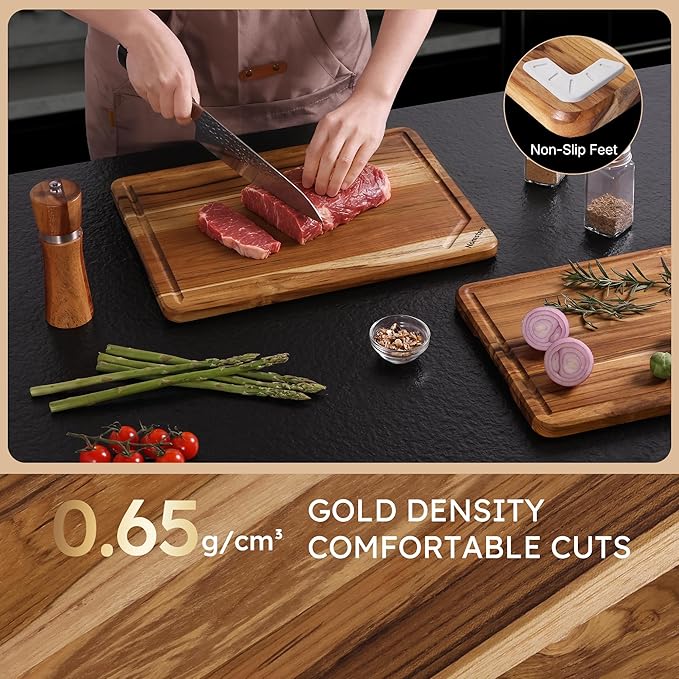 2 Pack Teak Wood Cutting Board Set Non Slip Over Sink Charcuterie Board Serving Heavy Duty Non Toxic Wooden Chopping Board Thick Haus Easy-Grip Handles, Knife-Friendly Best Kitchen Essential Gift