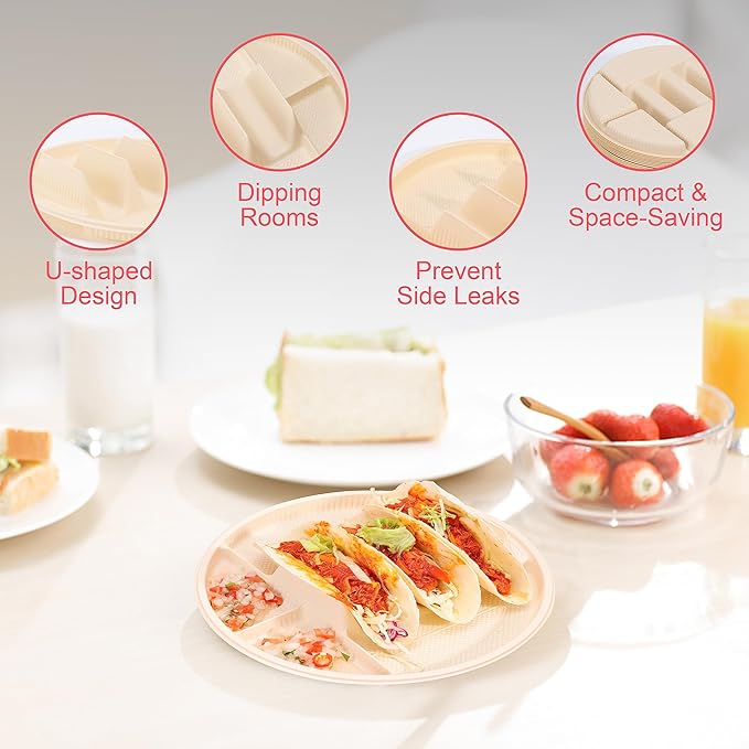 Large Disposable Taco Plates With Dipping Sides - 20 Pack, Biodegradable Cornstarch Taco Holder, Big Size Fit 6-8 Inch Soft & Hard Tortilla, Sturdy & Microwave Safe, Bar Serving Set For A Party