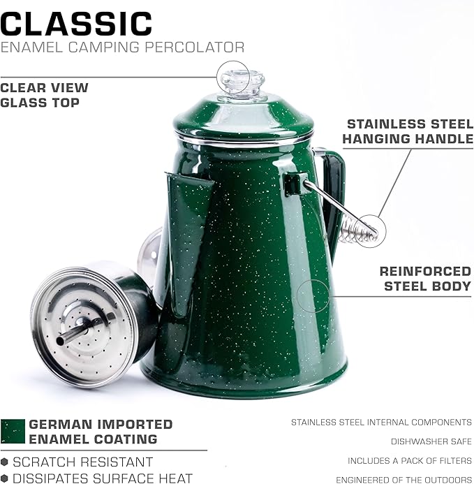 COLETTI Classic Percolator Coffee Pot — The Most Nostalgic Camping Coffee Pot, Now Modernized [Green Enamel, 12 Cup]