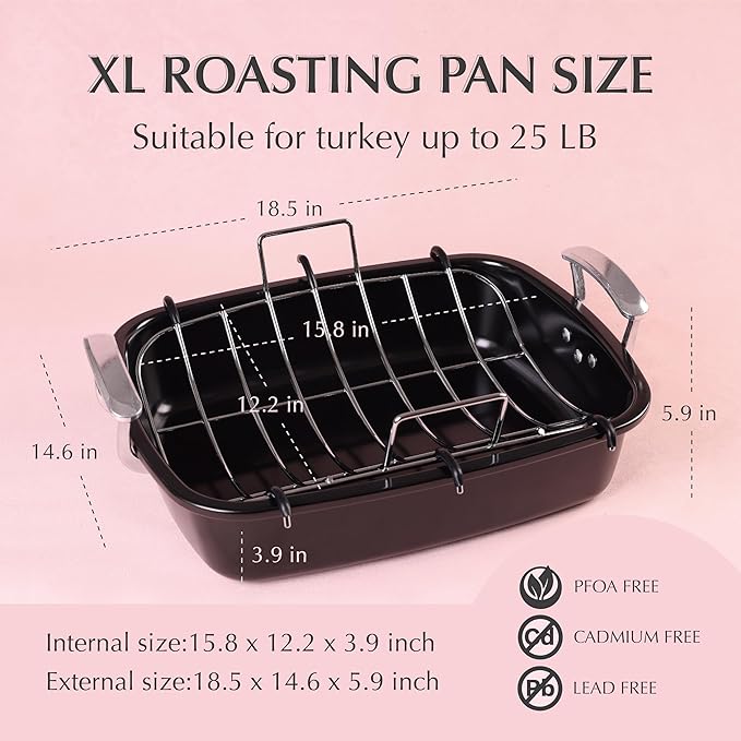 Uukrave Turkey Roasting Pan with Rack (U-Shaped), Extra Large 18.5 x 14.6 Inch Nonstick Roaster Pan for 25 lb Turkey or Chicken, Deep Oven Tray with Wide Handles, Heavy Duty Steel, Nontoxic