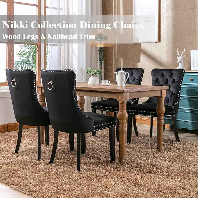 Black Dining Chairs Set of 6, Upholstered Velvet Dining Room Chairs with Back Ring Pull Trim and Solid Wood Legs,Modern Dining Chairs Perfect for Dining Room,Living Room,Kitchen(Black)