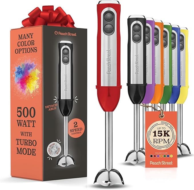 Powerful Immersion Blender, Electric Hand Blender 500 Watt with Turbo Mode, Detachable Base. Handheld Kitchen Blender Stick for Soup, Smoothie, Puree, Baby Food, 304 Stainless Steel Blades (Red)