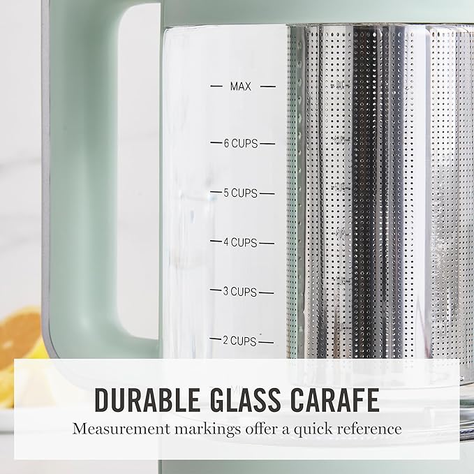 Martha Stewart Electric Kettle with Removable Stainless Steel Tea Infuser, Glass Carafe 1.7L (7 Cups), Hot Water Boiler, 4 Presets, Keep Warm & Auto Shut-Off, Cordless 360° Swivel Base, Honeydew Green
