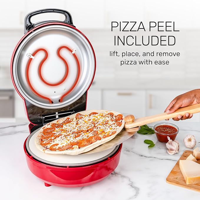 HomeCraft Stone Baked Pizza Maker - Woodfire-Style Indoor Oven Reaches 750°F - Cooks Homemade or Frozen Pizzas in 4 Minutes - Ceramic Stone & Peel - Perfect for Pizza Parties – Red