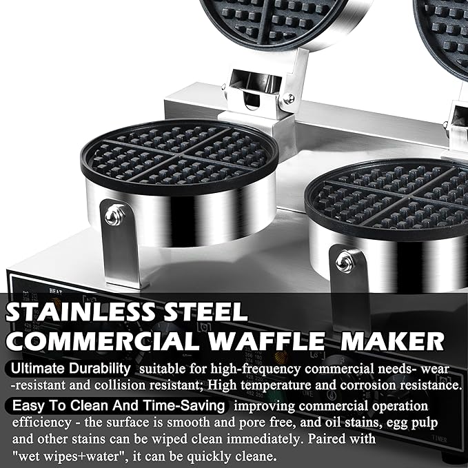 110V 2600W Commercial Double Waffle Maker,Non-Stick Commercial Waffle Baker,Stainless Steel Belgian Waffle Iron for Restaurant Party Food Stall, Bakery Snack Bar Family