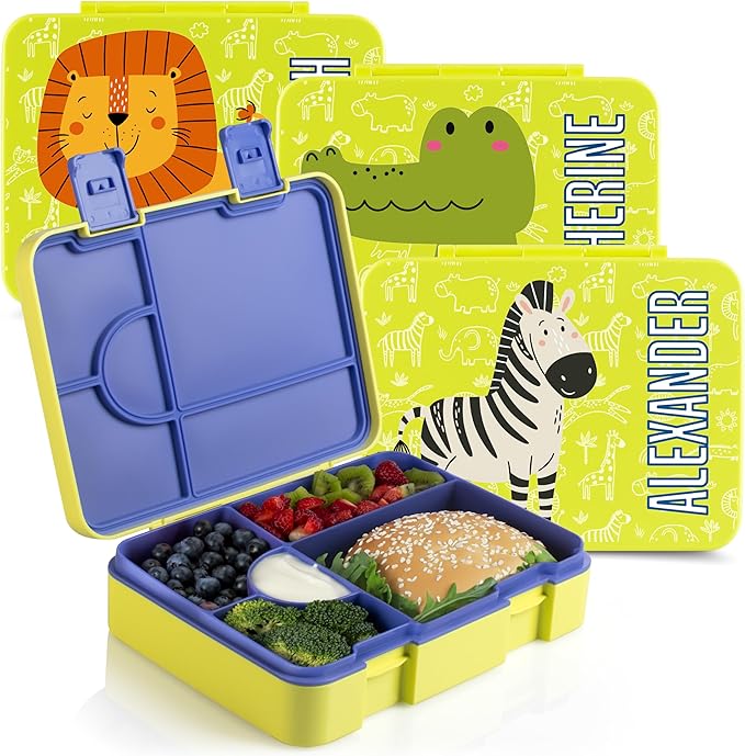 Personalized Bento Box for Kids with Safari Icon and Name - Yellow - 5 Compartments Drop-Proof Bento Box, Dishwasher Safe, Made with BPA-Free Materials, Bento Lunch Box for Kids and Toddlers