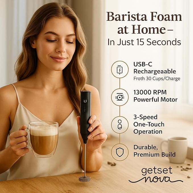 Nova Rechargeable Milk Frother & Coffee Whisker with Dual Spring Tech | 1 Year Replacement Warranty (MILK FROTHER)