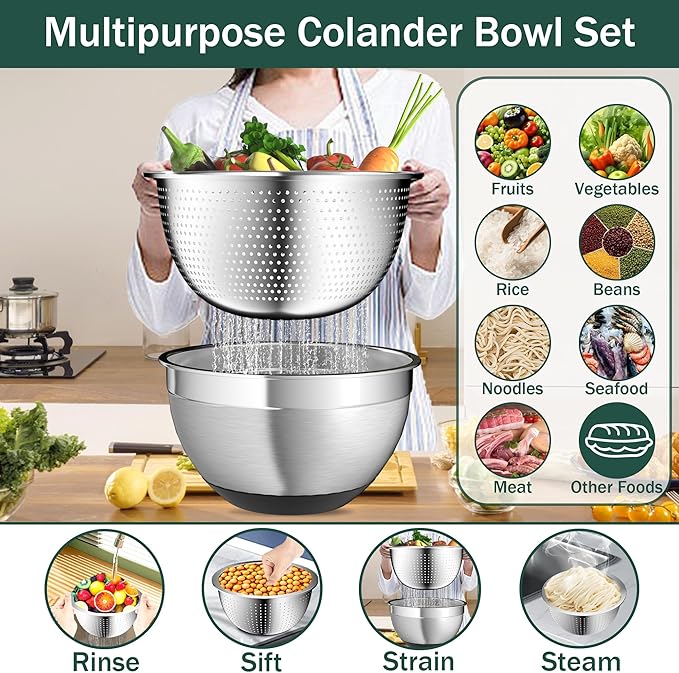 Nicdiet Mixing Bowls with Airtight Lids, Stainless Steel Mixing Bowl Set with 3 Metal Nesting Bowls, Colander & Grater, Non-Slip Bottoms, Size 1.5, 2.5, 5 QT, Great for Mixing & Serving, Black