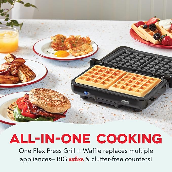 Dash MultiMaker Flex Press Grill System, Grill and Waffle - Nonstick Removable Plates - indoor Countertop Electric Grill for Sandwiches, Burgers, and Breakfast - Graphite