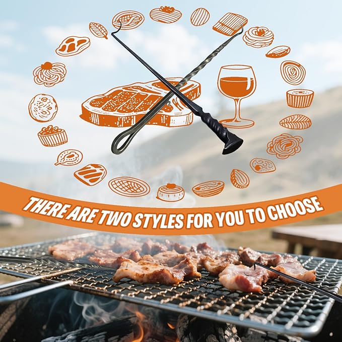 BBQ Turner Hooks, Meat Hook Flipper, Iron BBQF Turner Hooks, Flips Cooking Hooks, BBQ Food Flipper, for Grilling Smoking Frying, Long Handle Meat Hooks (Type A)