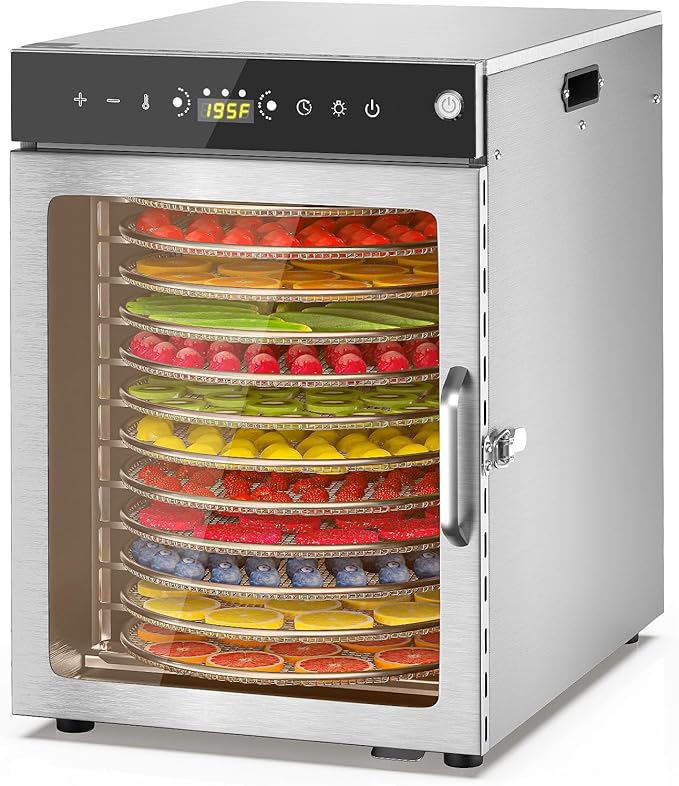 Food Dehydrator 12 Trays - 360° Rotary Meat Dehydrator for Jerky with 194°F Temp & 24H Time Control, 800W Even Heating Food Dryer Machine for Herbs, Fruit, Meat, Yogurt, Silver