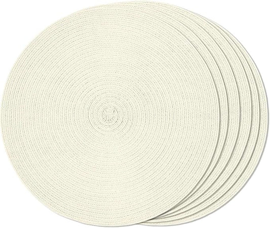 FunWheat Round Braided Placemats Set of 6 Place mats for Dining Tables Woven Heat Resistant Table Mats 15 inch (Ivory,6pcs)