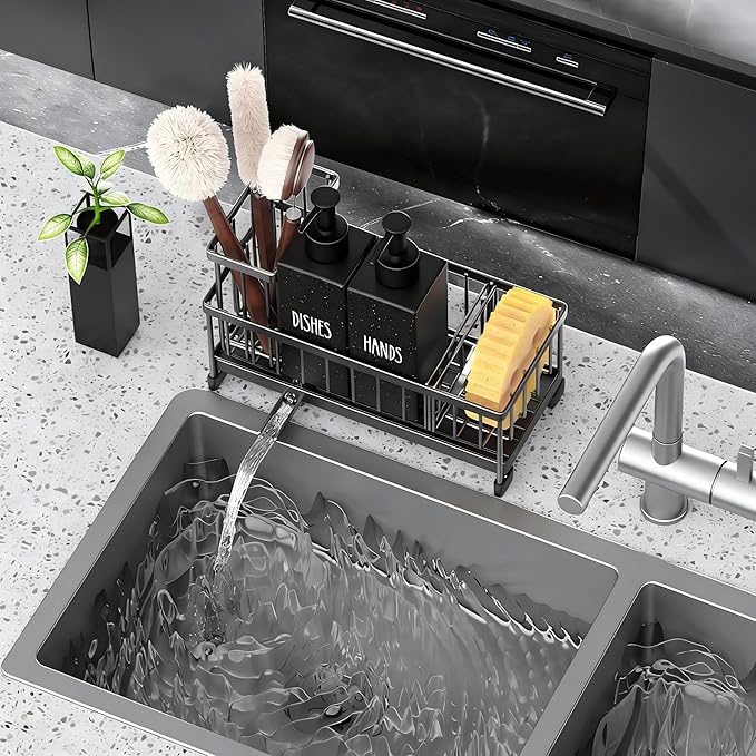 Cisily Kitchen Soap Dispenser Set with Sink Caddy, 12 Oz Glass Bottle, Hand and Dish Soap Dispenser Set with Sponge Holder, Black Stainless Steel Kitchen Countertop Sink Organizer Accessories