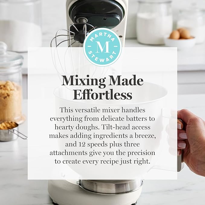 Martha Stewart  Tilt-Head Stand Mixer, 12 Speed, 5.3QT Stainless Steel Bowl, Splash Guard with Pour Chute, Whisk, Dough Hook, Flat Beater, Electric Kitchen Baking Mixer, Bread, Cake, Whip, Linen White