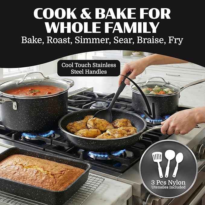 Granitestone 20 Piece Ceramic Nonstick Pots and Pans Set, Cookware and Bakeware Set with Utensils & Steamer, Diamond Reinforced, Non Toxic PFOA PFOS Free, Oven & Dishwasher Safe, Black