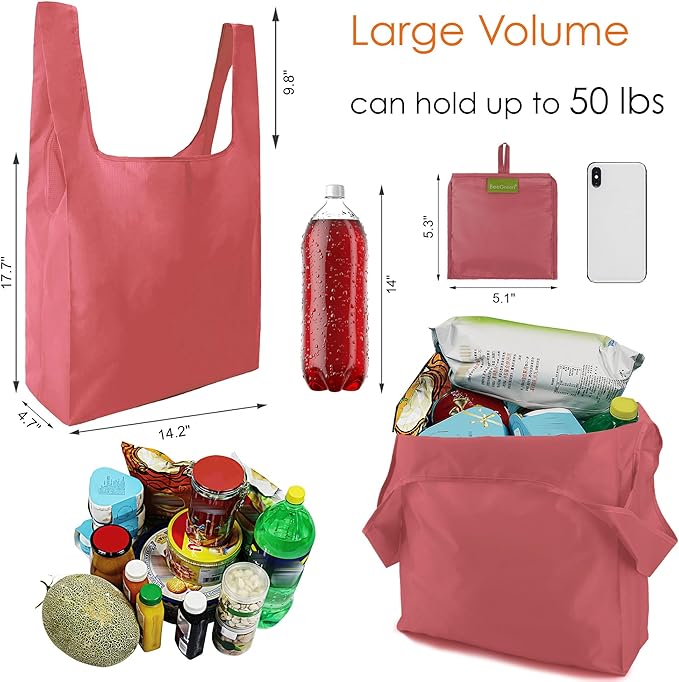 BeeGreen Pink Reusable Grocery Bags with Elastic Band Pink Reusable Shopping Bags Bulk 50LBS X-Large Foldable-Machine Washable-Heavy Duty 10 Pieces