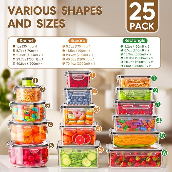 50 PCS Food Storage Containers with Lids Airtight (25 Containers & 25 Lids), 100% Leak Proof Meal Prep Container for Kitchen, BPA-Free Plastic(Polypropylene5), Microwave/Dishwasher Safe, Labels & Pen