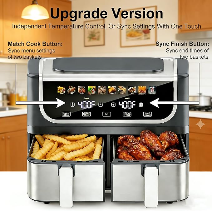 HealSmart 9.5Qt Dual Basket Air Fryer, 10-in-1 Smart Air Fryer with 1700W, Independent Temperature Control, Sync Cook & Shake Reminder, Nonstick Air Fryer Oven for Family Meals, Grey