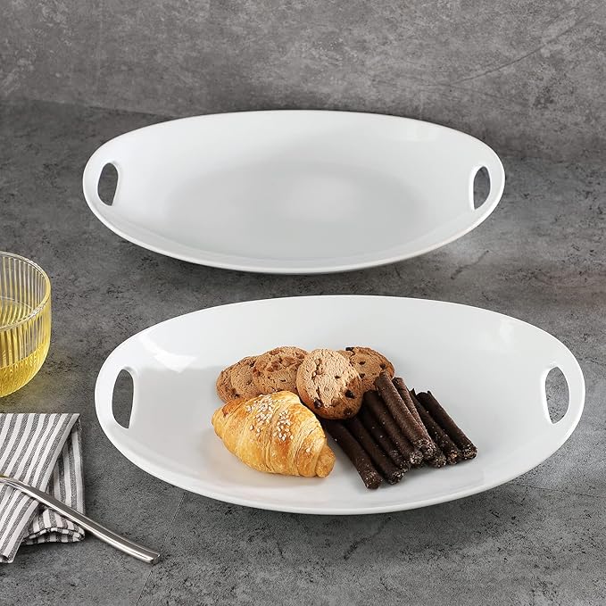 Buyajuju Porcelain Serving Platter with Handles, 14" serving dishes for entertaining, Oval Serving tray for Salad, Stew, Fruits and Pasta, Set of 2, White