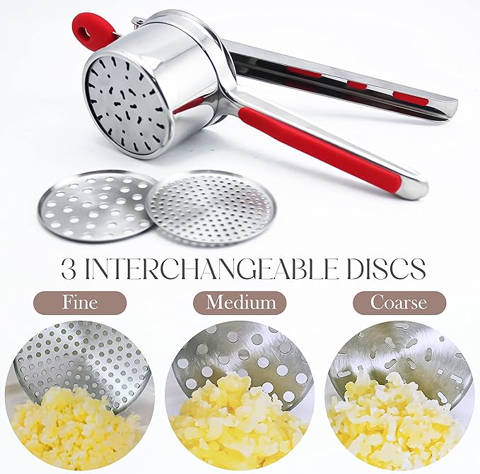 Bellemain 15 oz Large Potato Ricer | Heavy-Duty Stainless Steel Potato Ricer & Masher | Perfect for Mashed Potatoes | Kitchen Tool with 3 Interchangeable Discs
